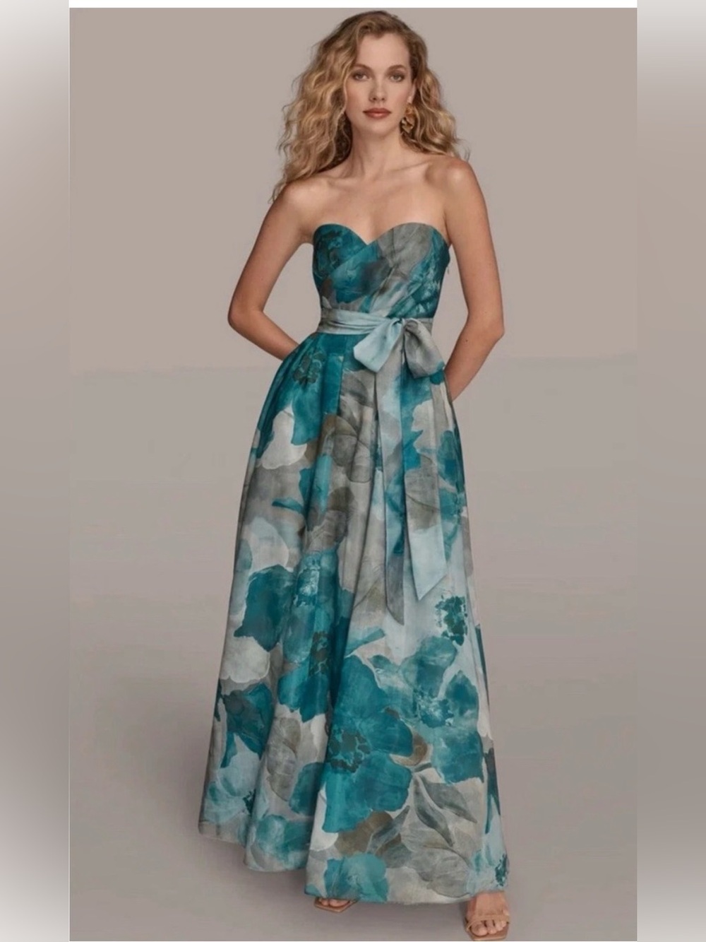 Donna Karan New York Pleated Strapless Teal and Gray Floral Ball Gown